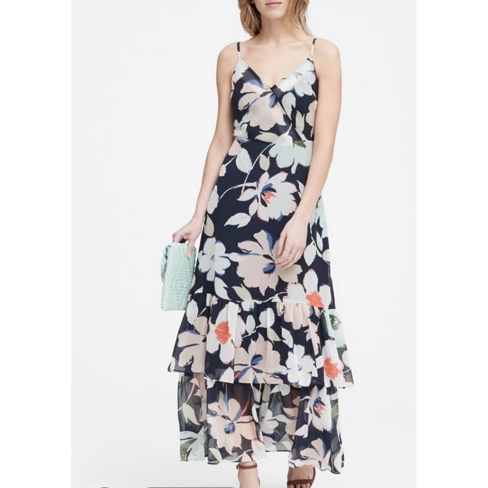 Banana Republic Floral Tiered Maxi Dress Navy Botanical Summer Size 6
